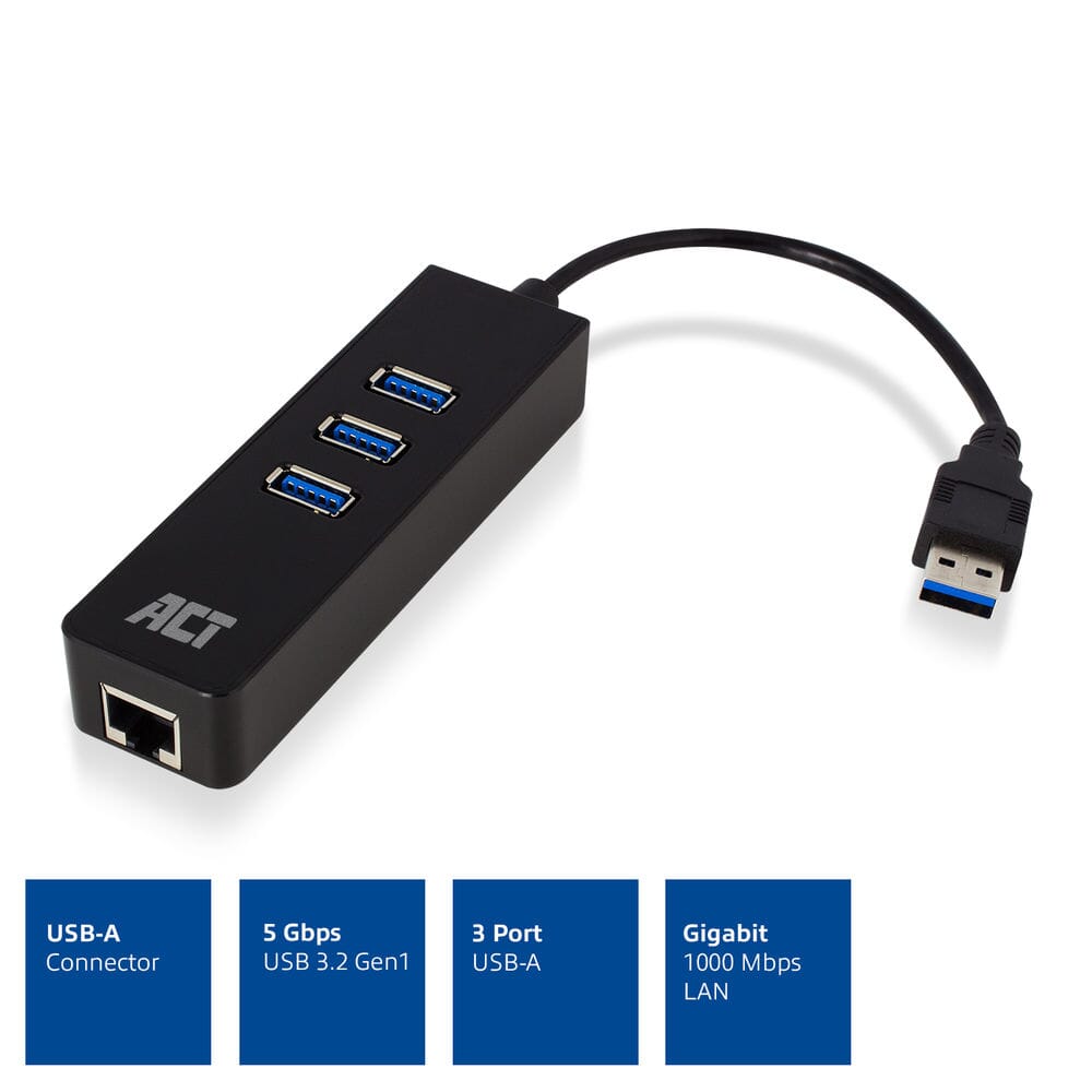 ACT USB Hub 3.2 3x USB-A ethernet, black