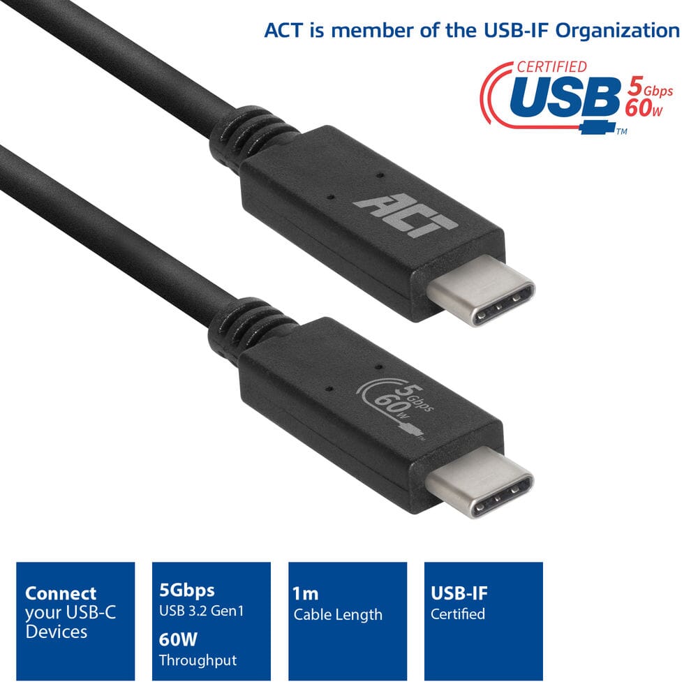 ACT Câble de connexion USB 3.2 Gen1 C mâle - C mâle 1 m