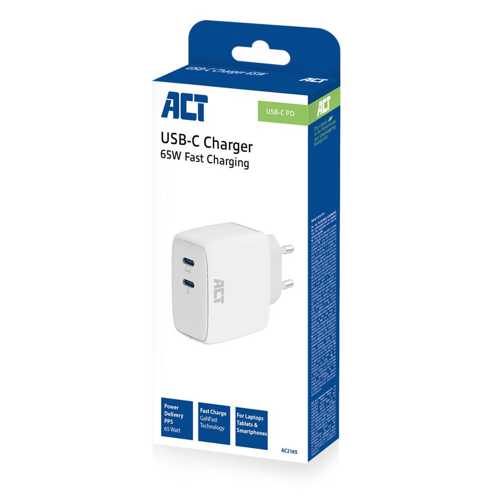 ACT USB-C Charger 65W 2-port PD PPS and GaNFast