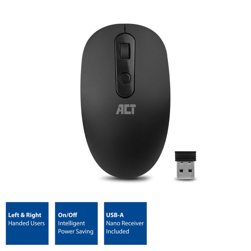 ACT Wireless Mouse, USB Nano Receiver, 1200 dpi, Black
