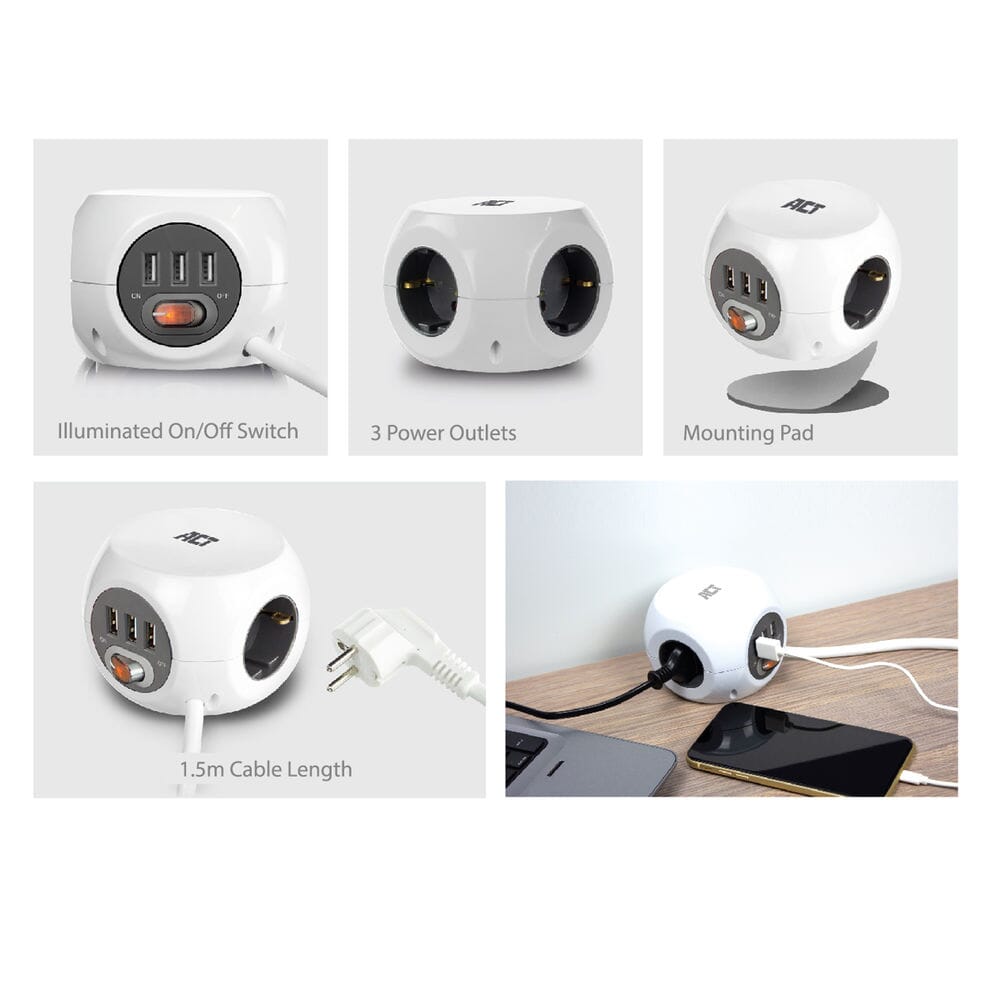 ACT Prise carrée (PDU) avec 3 prises type F 1,5m