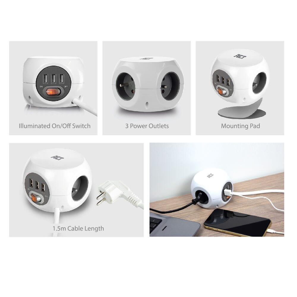 ACT Vierkante stekkerdoos (PDU) met 3 sockets type E 1,5m