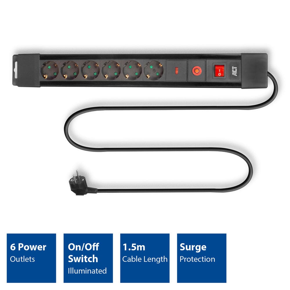ACT Stekkerdoos 6 sockets, 1,5 m zwart
