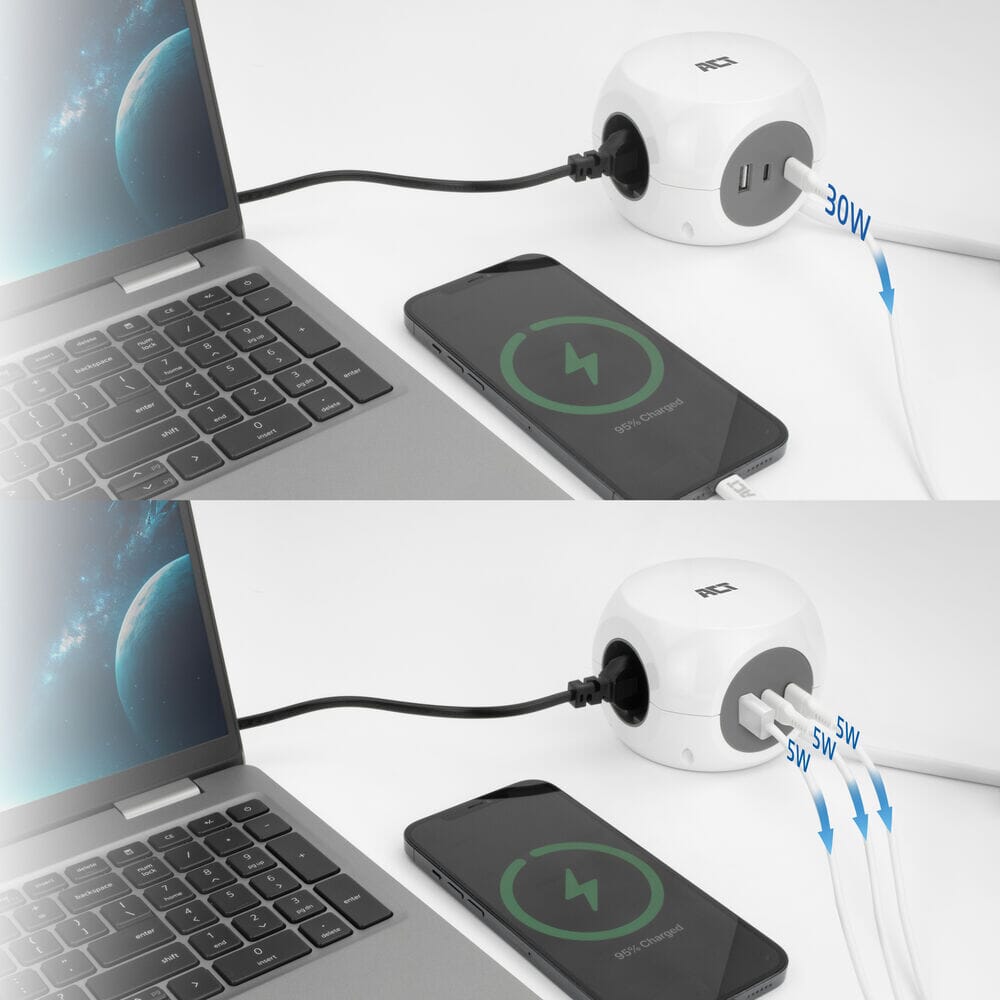 ACT Power strip cube with 3 sockets (type E), 30W PD