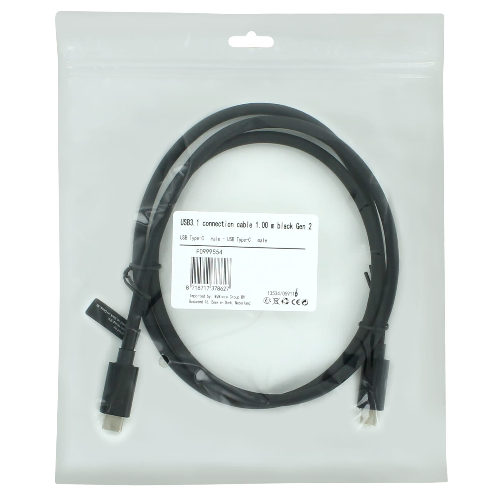 USB3.1 Gen 2 Type-C Kabel 1 Meter - Zwart