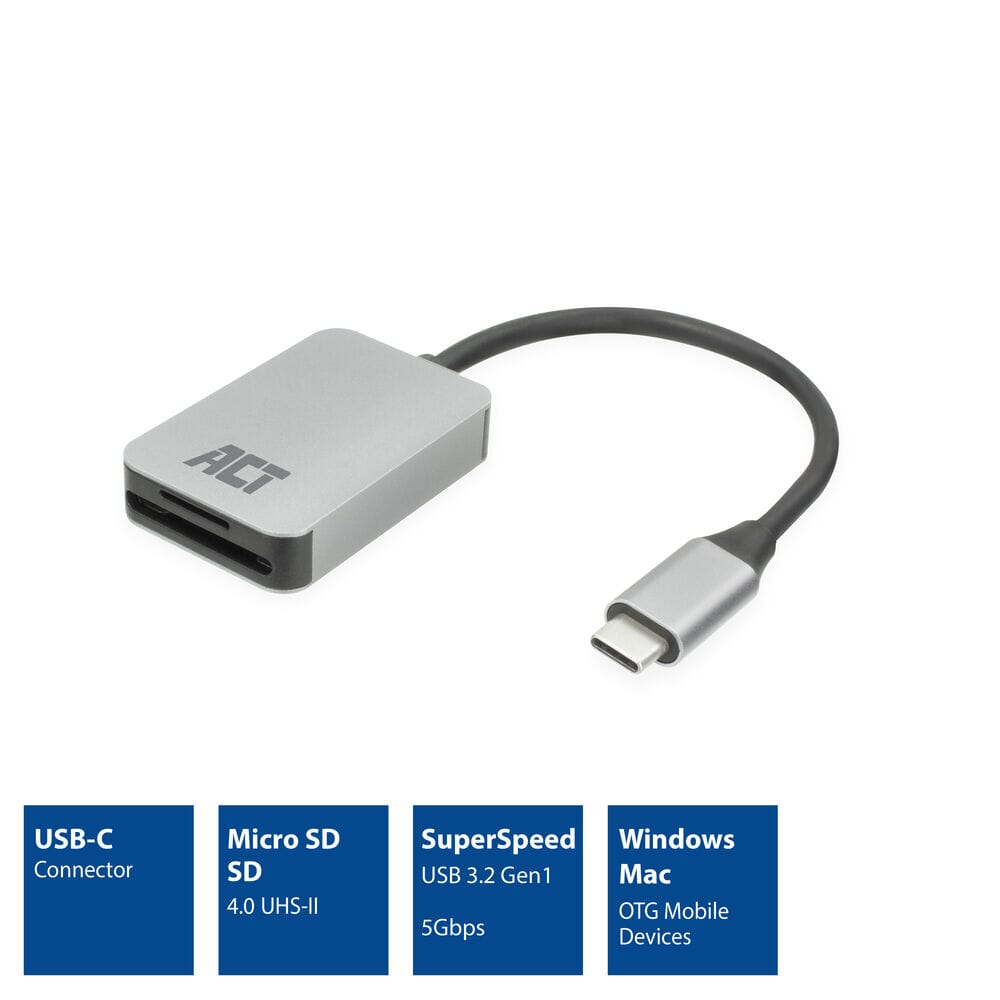 Lecteur de carte USB-C ACT pour SD et micro SD, SD 4.0 UHS-II