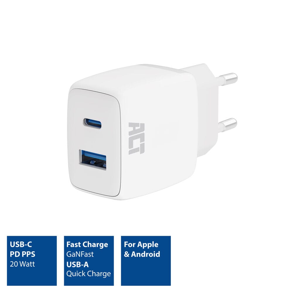 ACT USB-C & USB-A charger 20W PD PPS, Quick Charge, GaNFast