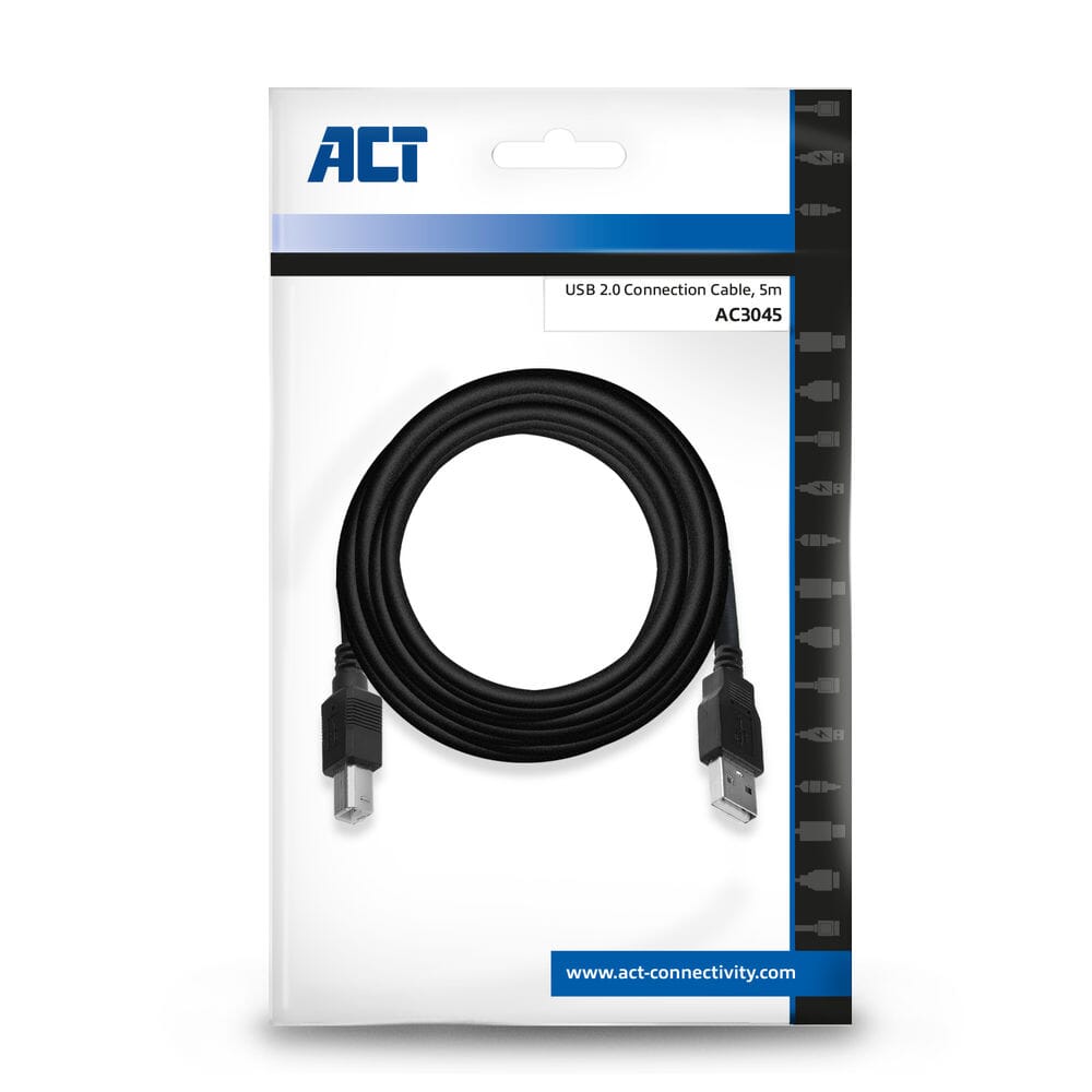 ACT USB 2.0 aansluitkabel A male - B male 5 meter, Zip Bag
