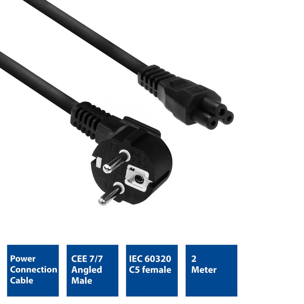 ACT Netsnoer CEE7/7 male (haaks) - C5 zwart 2 m, Zip Bag