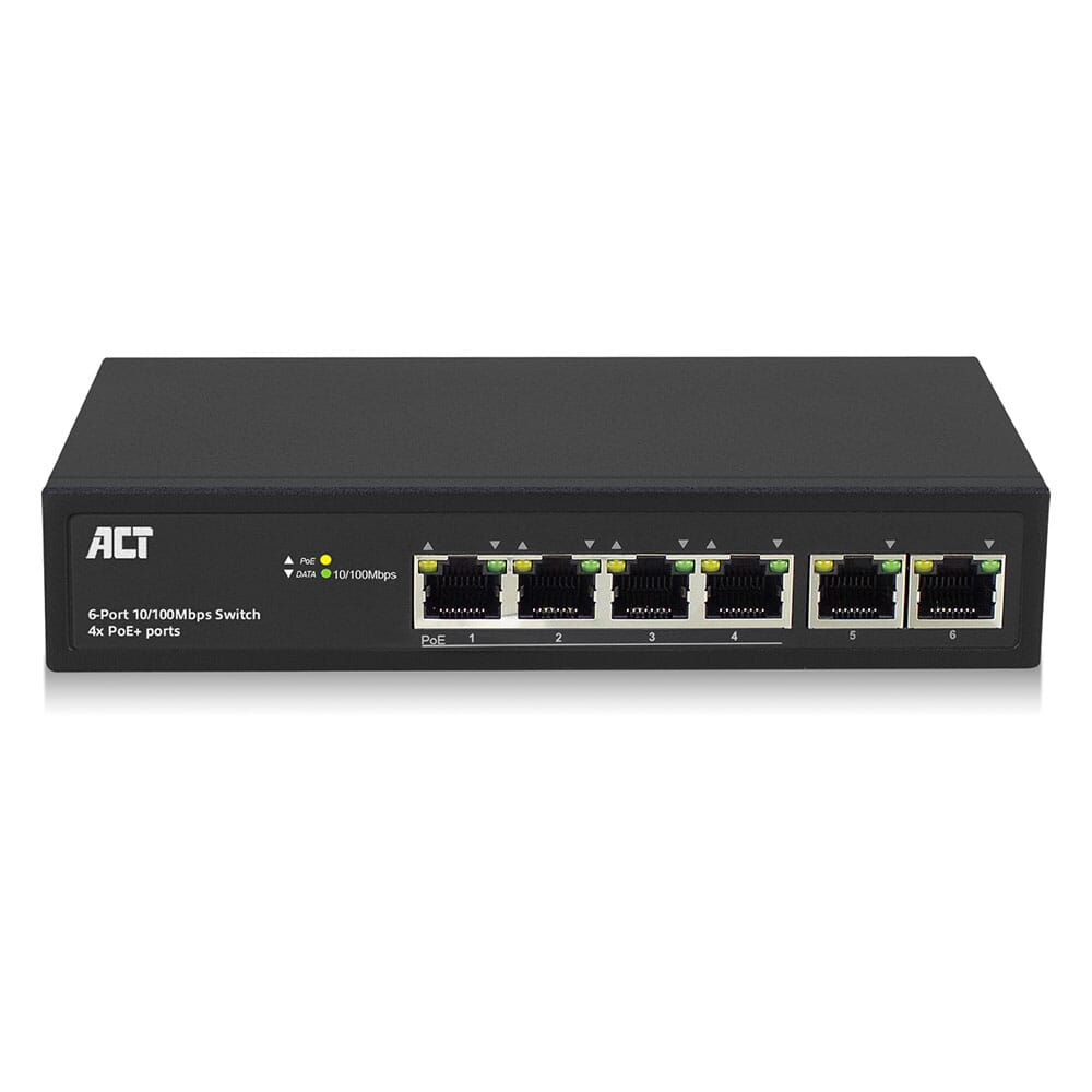 ACT 6 poorts netwerkswitch 10/100Mbps. 4x PoE+ (30W) poorten
