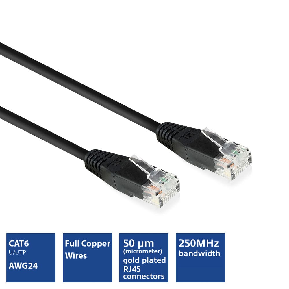 ACT Black 2.0 meter U/UTP CAT6 patch cable with RJ45 Zip Bag