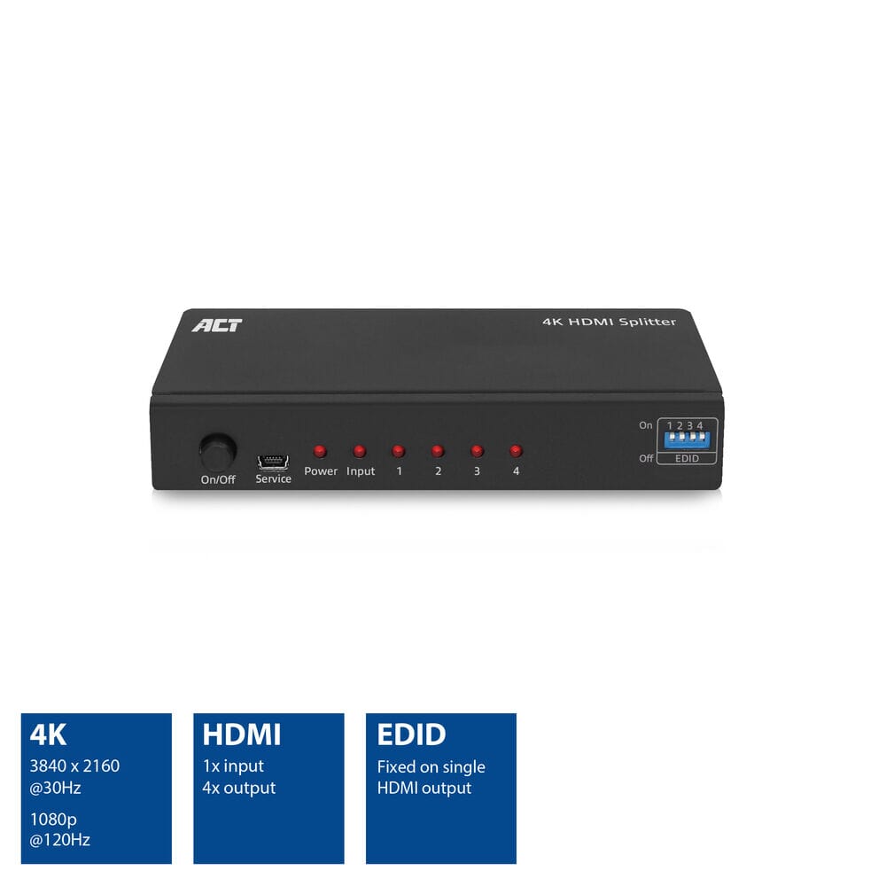 ACT 4K HDMI splitter, 1 in 4 out, EDID ondersteuning